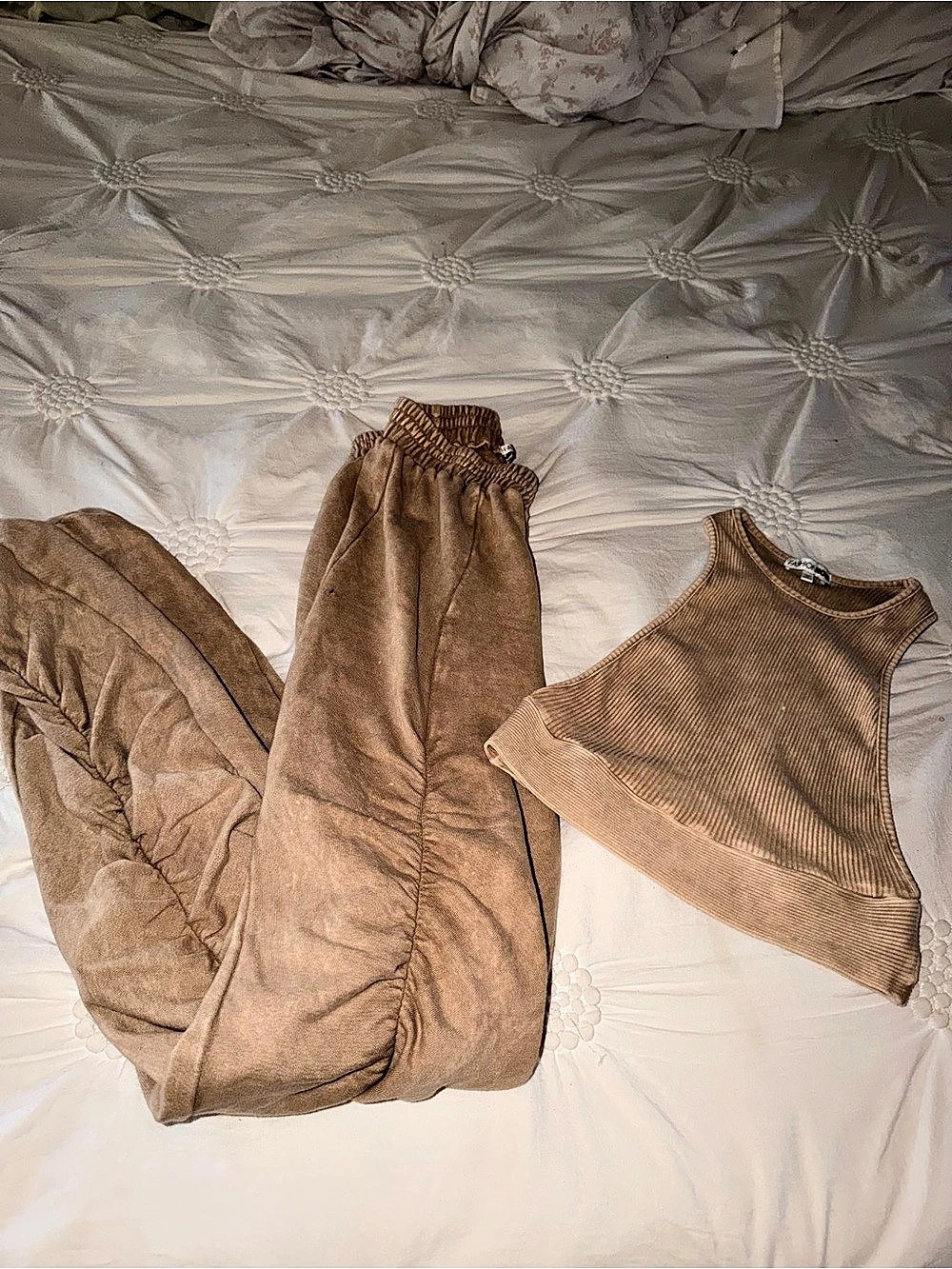 Fashion Nova Brown Ribbed Top and Ruched Jogger Set